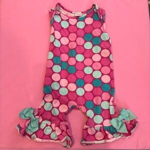 Ricrac & Ruffles Pink Aqua Polka Dot Ruffle Bow Romper 24 Months Toddler Girl
